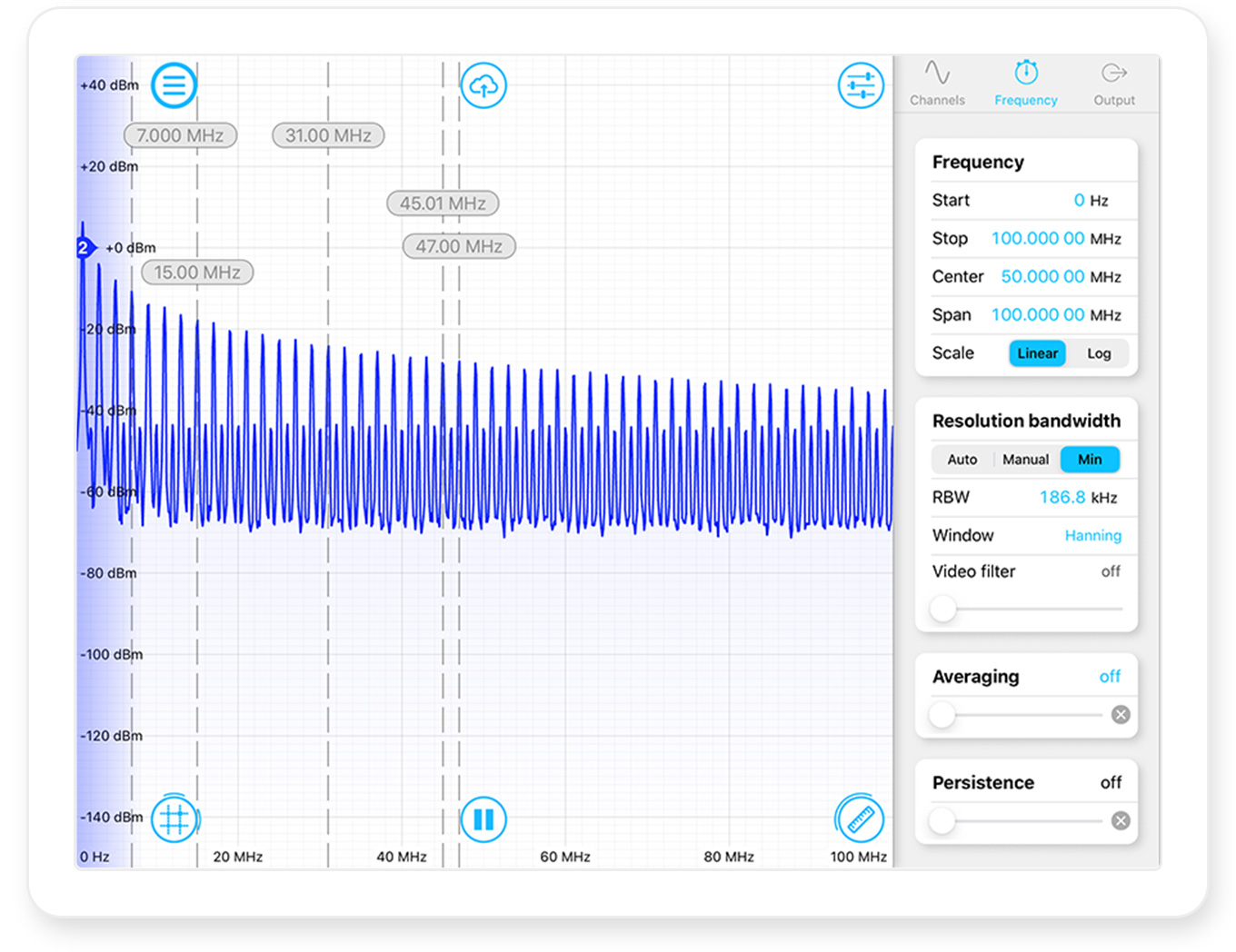 Figure 4 : Square wave spectrum on Moku:Lab’s Spectrum Analyzer