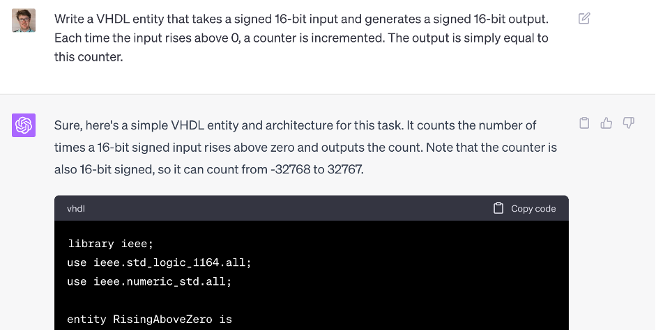 Figure 2: Prompting ChatGPT for a VHDL-based fault counter.